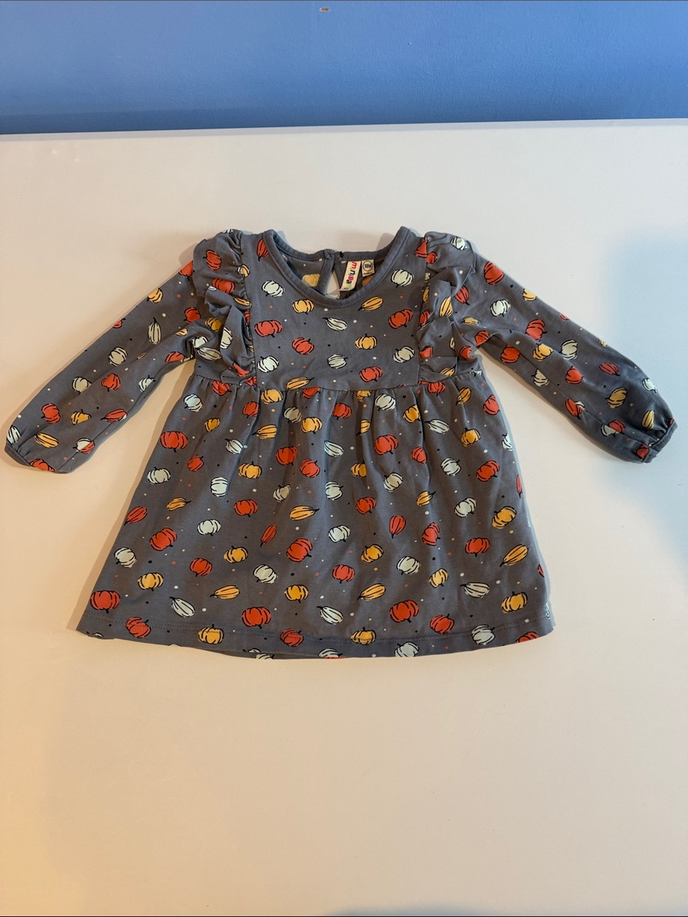 Minibamba Children's Gray Pumpkin Print Long-Sleeve Dress Halloween Fall 18 M